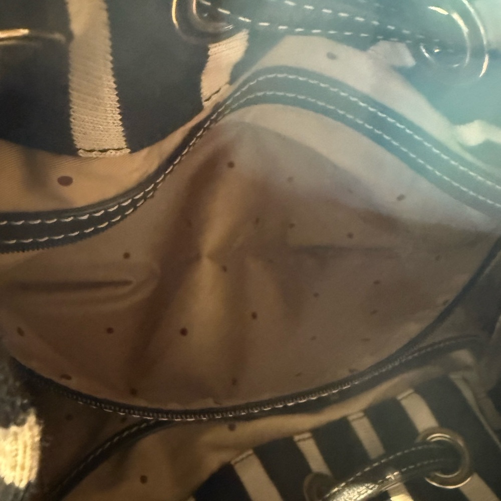 Kate Spade Striped Canvas Leather Hobo Bag Black White Drawstring Shoulder Tote - Picture 9 of 16